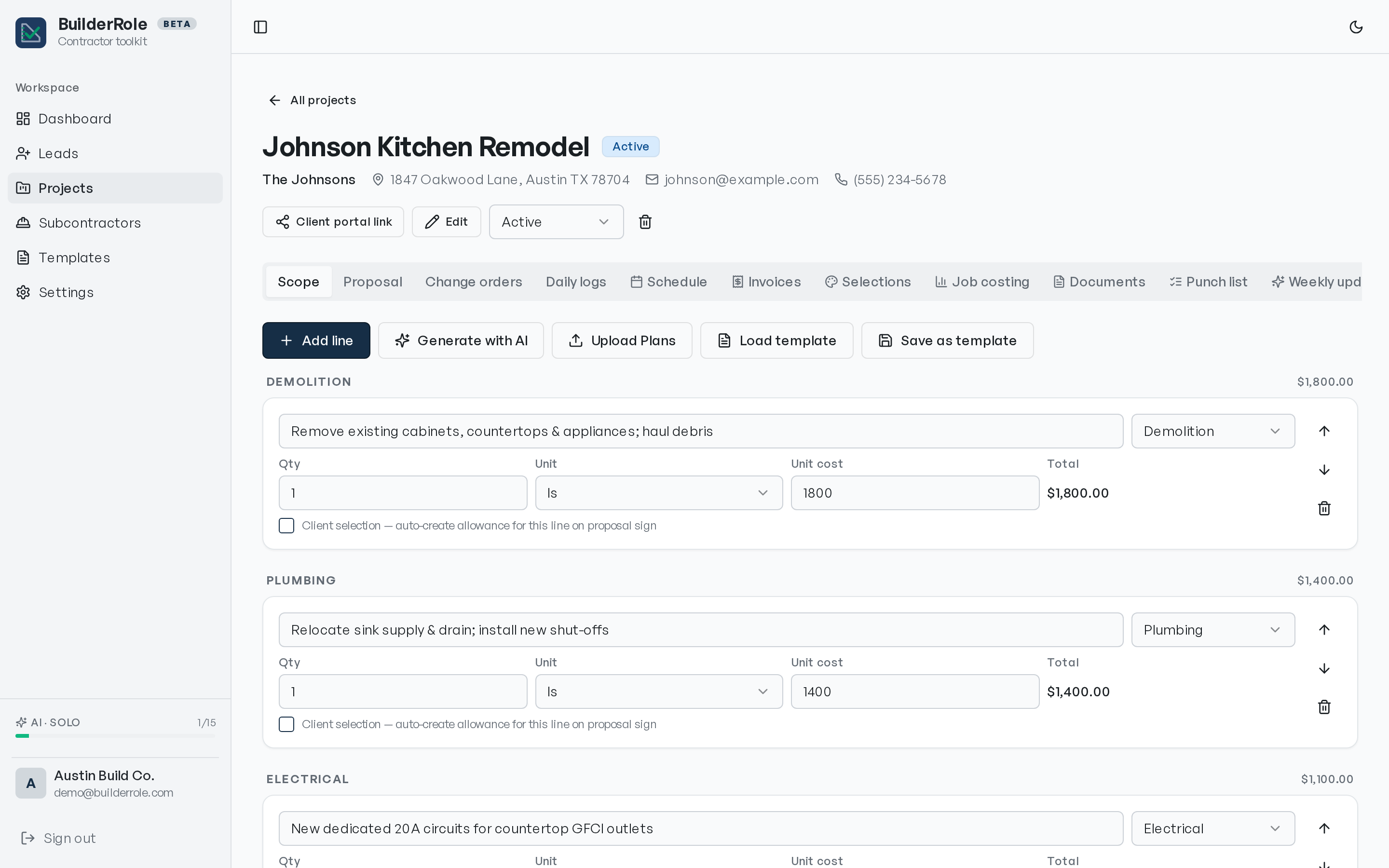 FixerRole job view — scope of work with itemized line costs, schedule, selections, and follow-ups tabs.